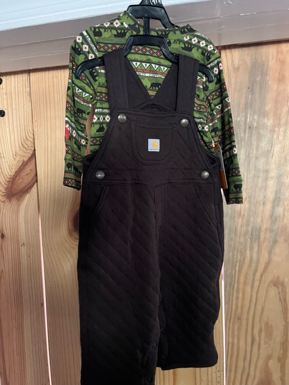 Carhartt Dark Brown Quilted Overalls with Green Patterned Top